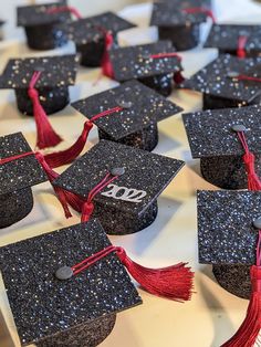 black graduation caps with red tassels and the number 100 on them are lined up