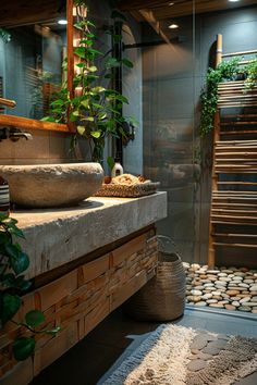 a bathroom with stone sinks and plants in the shower area, along with a rug on the floor