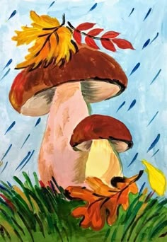 two mushrooms are sitting in the grass with leaves on their heads and one is holding an umbrella