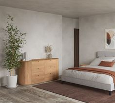 a bedroom with a bed, dresser and potted plant on the side table in front of it