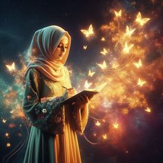 a woman in a hijab is holding a book with butterflies flying around her