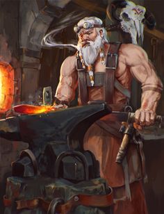 an old man with a beard and glasses working on a piece of metal in his workshop