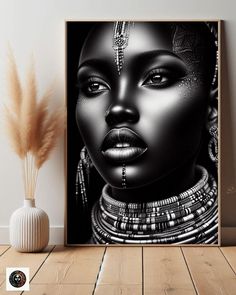 Maasai Warrior African Art Print Tribal Design Museum Poster Printable Afro Art African People Posters African Home Decor Female Portrait Prints African Male Art Printable Afrocentric Wall Art Melanin Artwork Black Is Gallery Wall Art Black and White Print Nomadic Tribe of East Africa Immerse yourself in the regal beauty of the Maasai Princess, captured in breathtaking detail. This hyperrealistic black-and-white drawing showcases a majestic Maasai princess adorned with an intricate array of cascading tribal beads and jewels. The dramatic contrast of the dark background amplifies the expressive intensity of her gaze, highlighting every nuanced detail and bringing her noble presence to life. This captivating piece combines expressive artistry with meticulous craftsmanship, ensuring that ever Masai Art, African Portraits Art, Melanin Art, Female Wall Art, Black And White Art Print, Style Africain, White Art Print, Portrait Vintage, Museum Poster