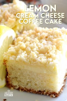 lemon cream cheese coffee cake on a white plate