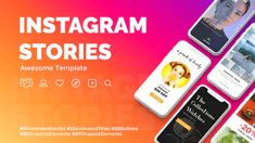 the instagram stories app is displayed on an orange, pink and purple background with multiple images