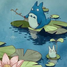 an image of a cartoon character in the water with lily pads and other things around him