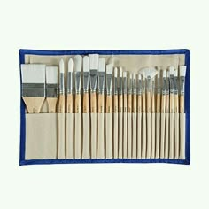 an assortment of paint brushes in a canvas case on a white background with blue trim