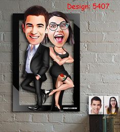 a caricature of two people in front of a brick wall with photos on it