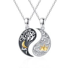 PRICES MAY VARY. 💕"Yin Yang Necklaces" - Half of the necklace is engraved with the warmth of the sun, and the other half is engraved with the moon, both engraved with tree of life, symbolizing the inseparable connection and relationship between each other with whole life. 💕"Matching Couples Necklaces" - Made of 925 sterling silver, hypoallergenic, anti-tarnish, lead-free, and cadmium-free. The sun, moon, and tree of life are handcrafted and embellished with plating for a delicate and romantic Spiritual Silver Necklaces For Friendship, Silver Round Pendant Necklace For Friendship, Silver Clavicle Chain Necklace For Friendship, Sterling Silver Pendant Necklaces For Friendship, Sterling Silver Necklace For Friendship, Silver Charm Necklace With Round Pendant For Friendship, Silver Round Charm Necklace For Friendship, Symbolic Personalized Necklaces For Friendship, Personalized Symbolic Necklaces For Friendship