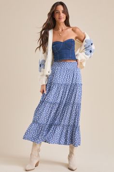 Maja Floral Tiered Midi Skirt in Dusty Blue | Altar'd State Christmas Sweater Dress, Tiered Midi Skirt, Bow Sweater, Everyday Adventures, Long Skirts, Altard State, Free Spirited, Cute Skirts