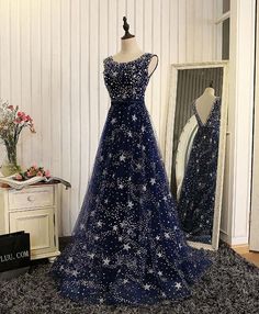 Blue Beaded Sequins Long Prom Dress Night Sky Dress Quinceanera, Blue Dress Formal, Sequin Prom Dress, Blue Evening Dresses, Blue Tulle, فستان سهرة, Beauty Dress, Prom Dresses Blue, Formal Dresses Prom