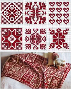 some red and white quilts with hearts on them