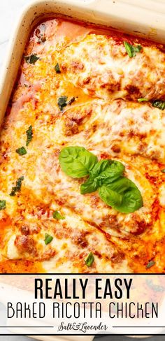 a baking dish with chicken in cheesy sauce and text overlay that reads really easy baked ricotta chicken Ricotta Chicken, Easy Recipes For Dinner, Ricotta Stuffed Chicken, Easy Chicken Dinner, Baked Ricotta, Ricotta Recipes, Chicken Entrees, Chicken Main Dishes, Recipes For Dinner