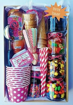 a box filled with lots of candy and candies