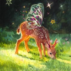 a painting of a deer with wings on its back eating grass in front of stars