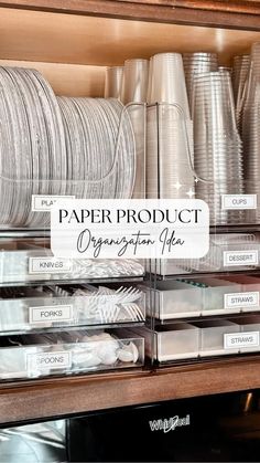 a shelf filled with stacks of paper plates and cups on top of eachother