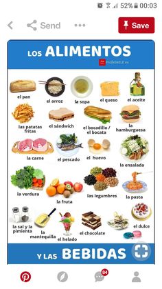 the spanish language poster shows different foods and drinks in each language, including meats, cheese