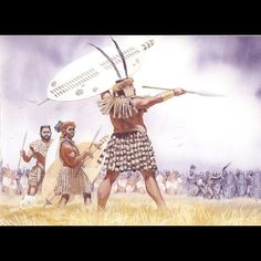 two men in native american clothing are holding spears and looking at another man with an oval shaped object on his head