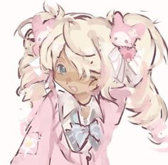 a drawing of a girl with long blonde hair and blue eyes wearing a pink outfit