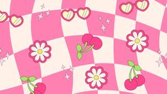 pink and white checkered background with cherries, hearts, stars and flowers on it