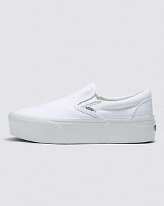 Classic Slip-On Stackform Shoe White Textured Sole Slip-ons For Streetwear, Vans Slip-ons With Vulcanized Sole, White Slip-ons With Rubber Sole For Streetwear, White Slip-on Platform Sneakers With Thick Bottom, White Vulcanized Sole Slip-ons For Streetwear, Thick Bottom Slip-on Platform Sneakers For Streetwear, Modern White Slip-ons With Rubber Sole, Vans Slip-ons With White Sole And Round Toe, Vans Slip-ons With Round Toe And White Sole