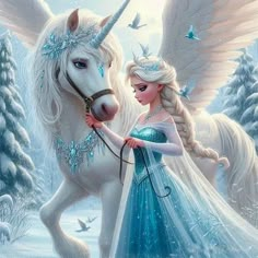 a painting of a girl and a white unicorn