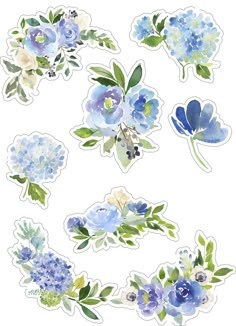 blue flowers and leaves stickers on a white background