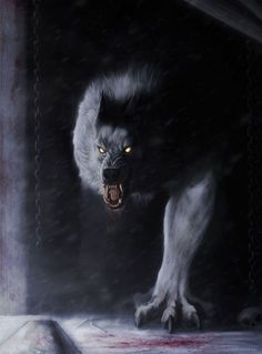 a wolf with it's mouth open in the dark