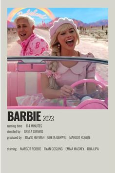 the movie poster for barbie is shown with two women in a pink car and one man wearing