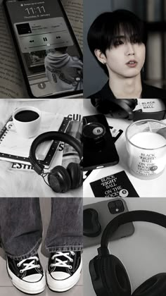 a collage of black and white photos with headphones, coffee cup, cell phone, magazine