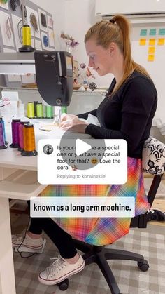 a woman sitting at a desk with a sewing machine in front of her and text that reads, known as a long arm machine