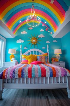 a bedroom with a rainbow colored ceiling and bed