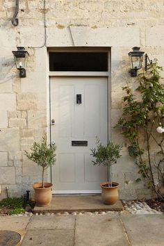 two potted plants sit in front of a door on the side of a building