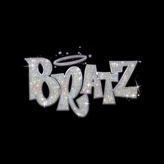 the word bratz written in glitter on a black background with an angel above it