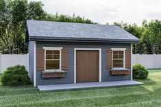 a small gray shed with two windows and shutters