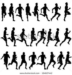 silhouettes of running men and women in various positions, all facing different directions to the same direction