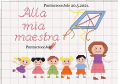 a cross stitch pattern with children flying a kite and the words,'all my friends are