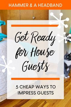 a cat sitting on the floor next to a bed with text overlay reading get ready for house guests 5 cheap ways to imppress guests