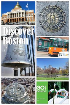 the cover of an article about boston with images of buildings, trees and a bell