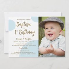 Celebrate your child's special milestones with this 1st Birthday Baptism Photo Chic Modern Blue Gold Custom Invitation. Featuring a stylish blend of blue and gold accents, this invitation allows you to showcase a cherished photo. Personalize with your child's name, event date, and venue information to create a unique and memorable keepsake for your guests. Christening Photos, Baptism Photos, 1st Birthday Photos, 1st Birthday Invitations, First Birthday Party