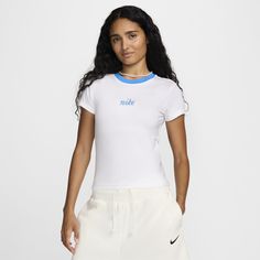 Grounded in style, comfort and versatility, meet our take on luxury loungewear. This slightly cropped, body-skimming tee provides a comfortable, fitted feel. Our smooth jersey is stretchy with a slight drape, making it perfect for everyday wear. Nike Cropped Crew Neck T-shirt For Sports, Sporty Fitted Cropped Cotton T-shirt, Fitted Sporty White Cropped T-shirt, Nike Cropped T-shirt Crew Neck For Sports, Nike Sporty Cotton Cropped T-shirt, Cropped Graphic Tees, Loungewear Luxury, Embroidered Tee, Women Lifestyle