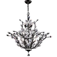 a chandelier hanging from the ceiling with lots of crystals on it's branches