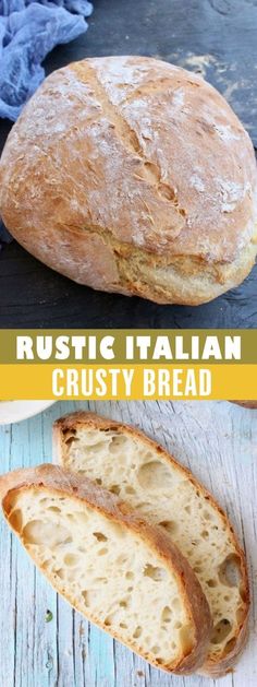 an image of bread sliced into pieces and placed on a table with the words rustic italian crusty bread