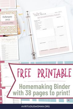 the free printable homemaking binder with 38 pages to print is on display