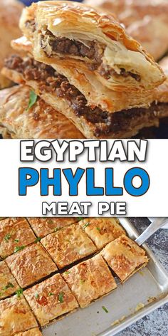 Sheet pan of phyllo dough with ground beef mixture with Pinterest overlay. Phyllo Meat Pie, Egyptian Goulash, Middle Eastern Recipes Arabic Food, Middle East Food, Middle East Recipes, Simple Family Meals, Around The World Food, Egyptian Food, Phyllo Dough