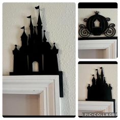 the castle is made out of wood and has black silhouettes on it's sides