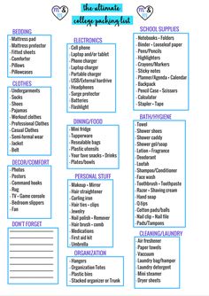 the ultimate college packing list is shown in this blue and white printable poster, which includes