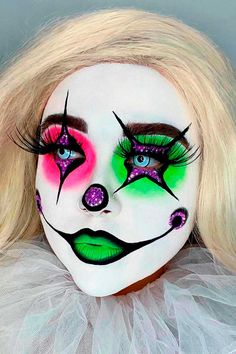 Womens Scary Clown Costume, Scary Neon Clown Makeup, Crazy Clown Makeup Halloween, Colorful Clown Makeup Halloween, Sinister Clown Makeup, Clown Makeup Halloween Creepy, Creepy Clown Halloween Makeup, Friendly Clown Makeup, Creepy Cute Clown Makeup