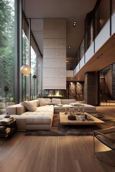 a modern living room with wood floors and large glass windows on the side of the wall