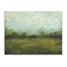 an abstract painting with green grass and trees in the background